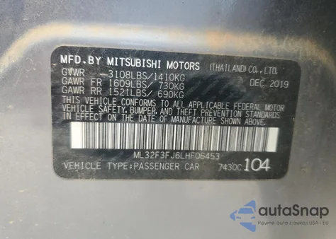 2020 Mitsubishi Mirage G4 Es из США, поврежденный, VIN ML32F3FJ6LHF06453